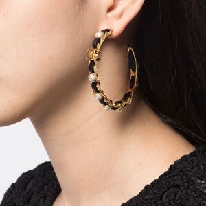 Chanel gold plated pearl & leather hoops